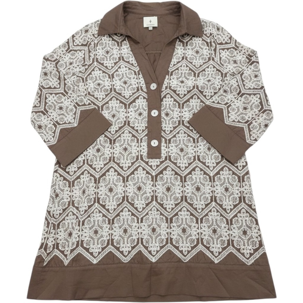 Tuckernuck Brown White Embroidered Cotton Tunic Dress B1946 3/4 Sleeve Small